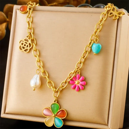 Collier Breloque Fleurs Multicolores
