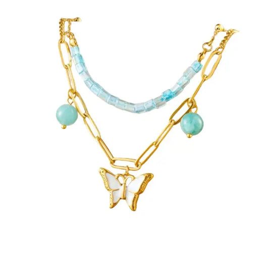 Collier à breloques Papillon Blanc et Perles Bleues