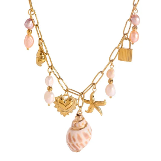Collier à breloques coquillage blanc et rose