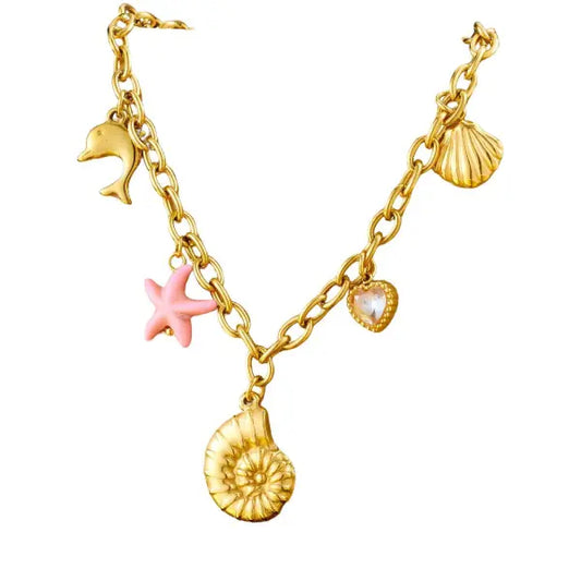 Collier Breloque Étoile de Mer avec Coquillage Doré