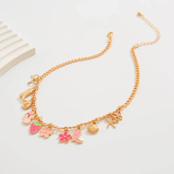 Collier à Breloques Fleurs et Fraises Dorées