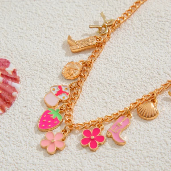 Collier à Breloques Fleurs et Fraises Dorées