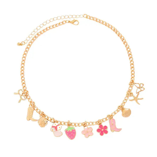 Collier à Breloques Fleurs et Fraises Dorées