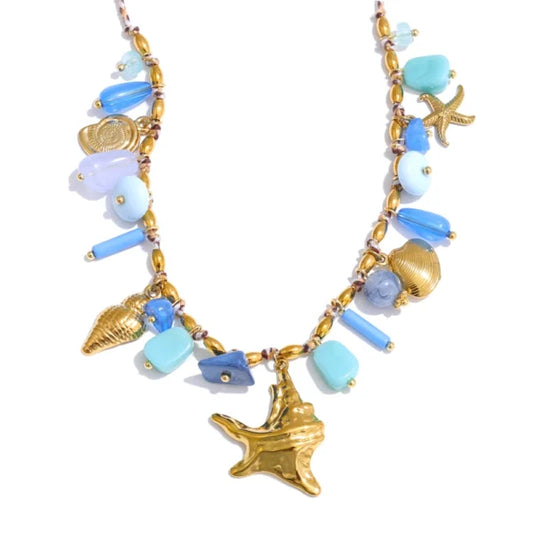 Collier breloques Corail Bleu et Doré