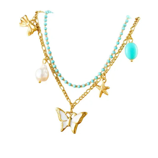 Double collier à breloques avec Papillon Blanc et Perle